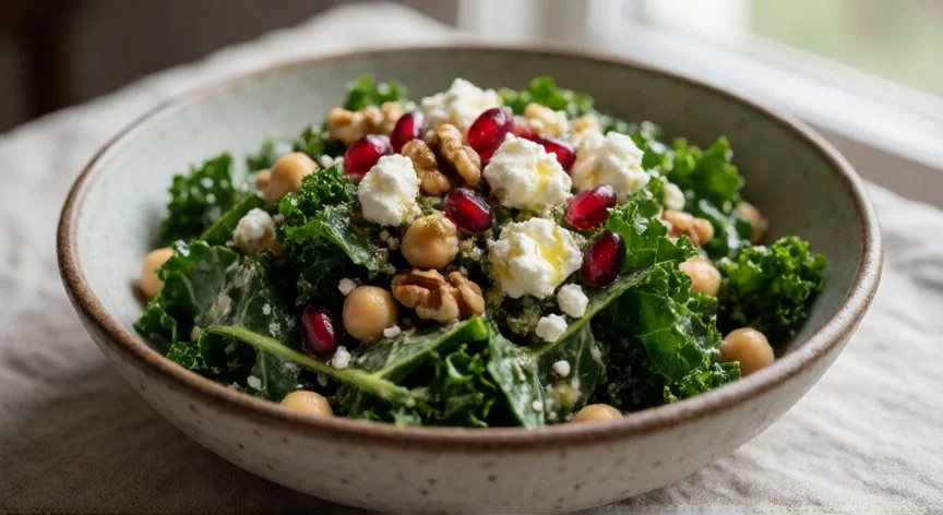 mejor forma de comer kale, Ensalada de kale masajeada con garbanzos, feta, nueces y granada en un bol de cerámica
