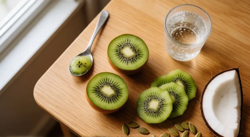 mejor forma de comer kiwi, Kiwi cortado por la mitad con cucharilla y rodajas sobre mesa de madera