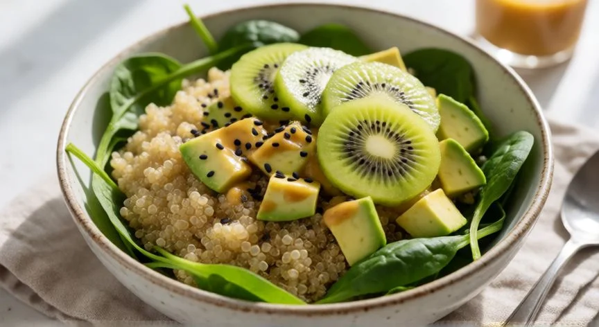 mejor forma de comer kiwi, Bowl de quinoa con kiwi laminado, aguacate y espinacas