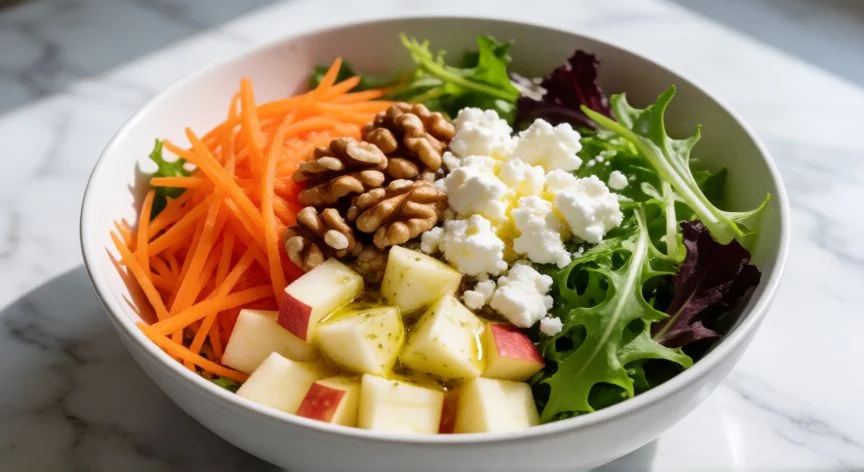 mejor forma de comer zanahoria, Ensalada fresca con zanahoria rallada, manzana, nueces y queso feta con vinagreta de oliva