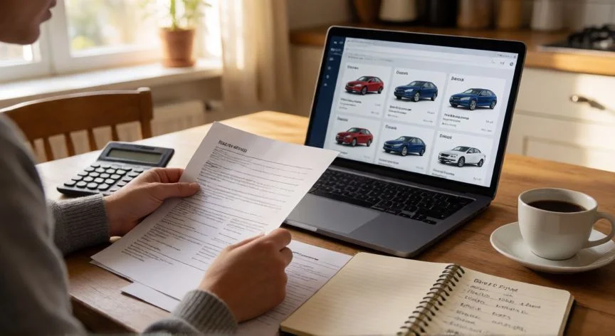mejor forma de comprar un coche, Persona investigando modelos de coches y comparando precios en su ordenador de casa