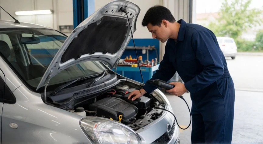 mejor forma de comprar un coche, Mecánico realizando inspección técnica con escáner OBD2 en un coche de segunda mano