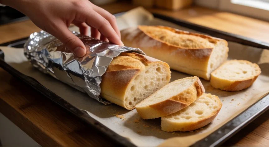 mejor forma de congelar pan, Manos envolviendo una barra de pan en papel de aluminio sobre encimera de cocina