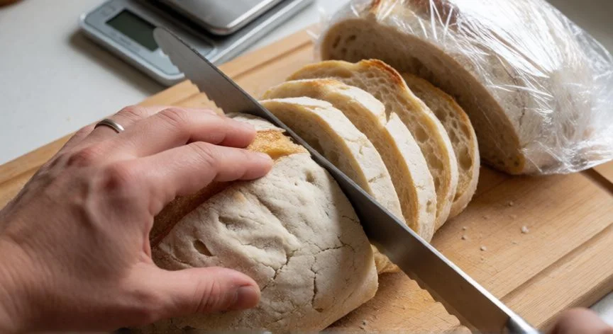 mejor forma de conservar el pan, Manos cortando pan de masa madre congelado con cuchillo serrillo sobre tabla de madera