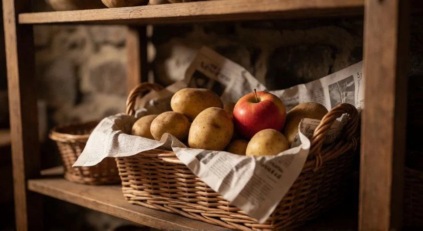 Cesta de mimbre con patatas envueltas en periódico en una despensa oscura y ventilada