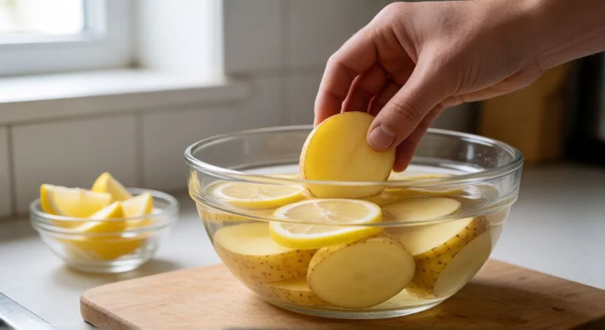 mejor forma de conservar patatas, Patatas peladas y cortadas sumergidas en agua fría con limón para conservarlas 24 horas