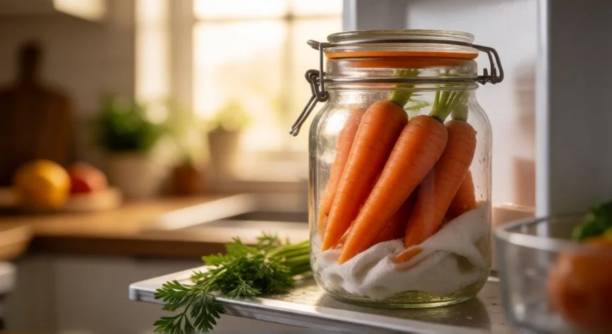mejor forma de conservar zanahorias, Zanahorias conservadas en un bote de cristal con paño húmedo en la nevera