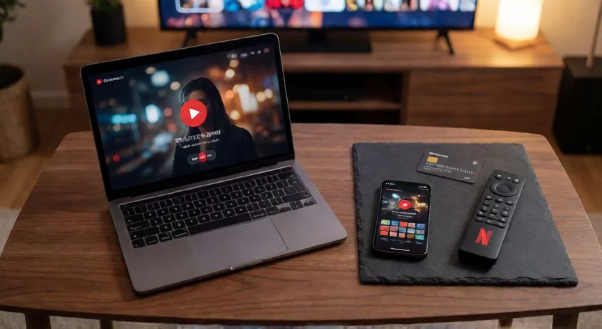 mejor forma de contratar netflix, Ordenador portátil y móvil con la app de Netflix sobre una mesa de centro