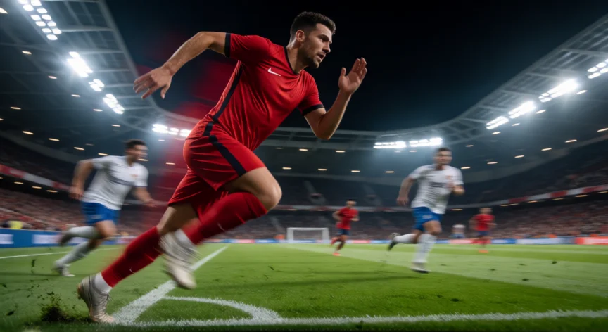 Jugador con camiseta roja esprintando por la banda en un estadio nocturno