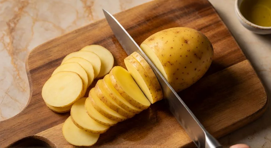 mejor forma de cortar patatas para tortilla, Corte de patata en rodajas finas de 3 milímetros sobre tabla de madera con cuchillo