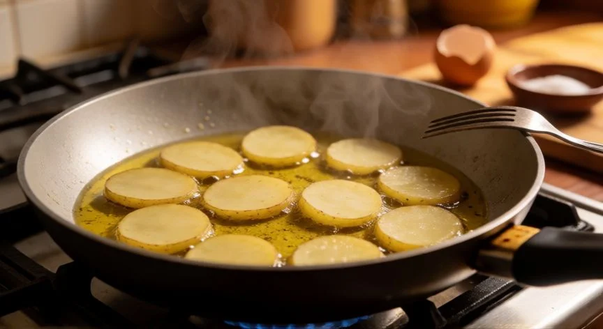 mejor forma de cortar patatas para tortilla, Patatas en rodaja dorándose en aceite de oliva en sartén a fuego medio