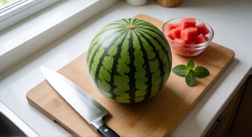 mejor forma de cortar sandia, Sandía entera sobre tabla de cortar con cuchillo largo y cubos de sandía preparados