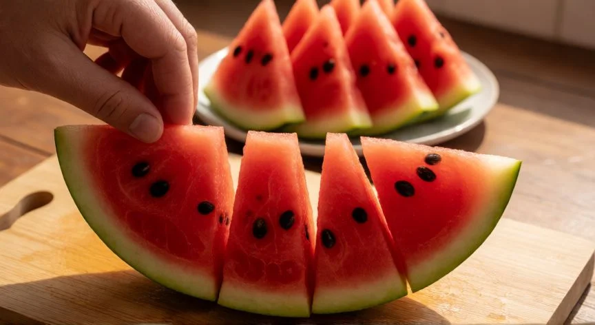 mejor forma de cortar sandia, Manos cortando gajos trianguares de sandía con cuchillo sobre tabla de madera