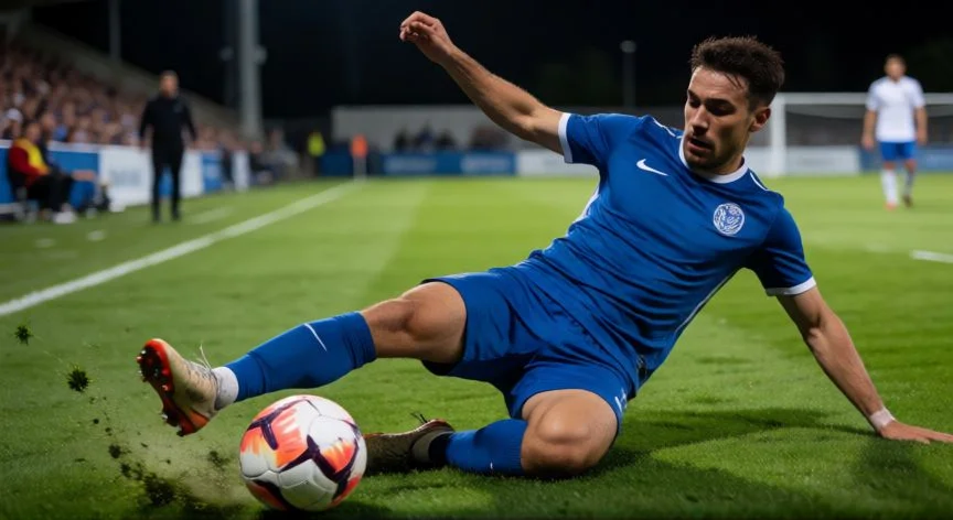 mejor forma de defender en fc 26, Jugador de fútbol ejecutando una entrada deslizante en un estadio nocturno