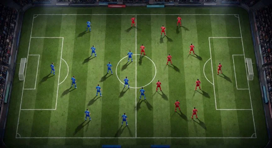 mejor forma de defender en fc 26, Vista táctica aérea de una formación defensiva 4-4-2 en un partido de fútbol