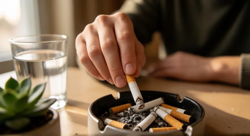 mejor forma de dejar de fumar, Persona tirando su último cigarro al cenicero, símbolo de dejar de fumar