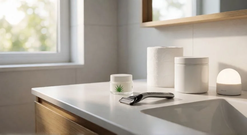 mejor forma de depilar zona intima, Kit de depilación íntima sobre encimera de baño con navaja, crema de aloe y algodón
