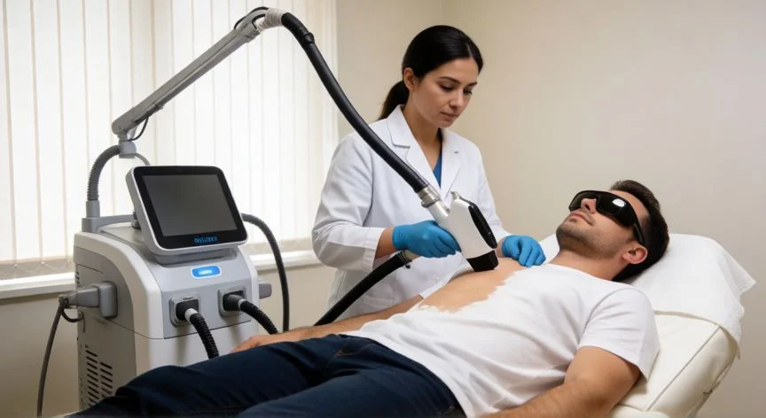 mejor forma de depilar zona intima hombre, Sesión de depilación láser en zona íntima masculina en clínica dermatológica
