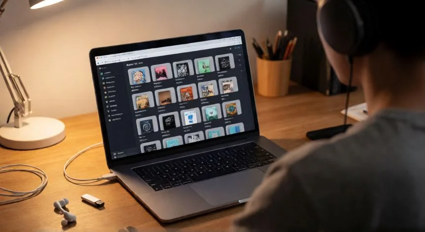 mejor forma de descargar musica mp3, Persona escuchando música con auriculares mientras gestiona su biblioteca de MP3 en una laptop