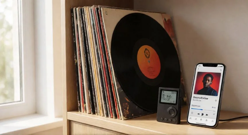 mejor forma de descargar musica mp3, Colección de vinilos junto a un reproductor de audio digital y un móvil con interfaz de descarga musical