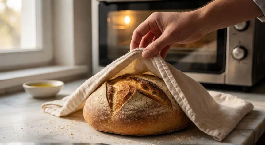 mejor forma de descongelar pan, Manos desenvolviendo pan artesanal en un paño sobre encimera de mármol con horno al fondo
