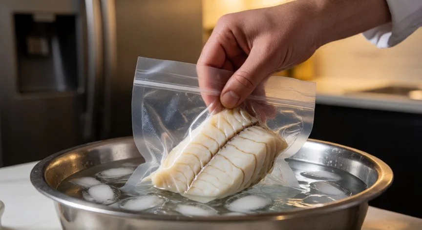 mejor forma de descongelar pescado, Mano de chef sumergiendo una bolsa con filete de bacalao en un bol de agua fría con hielo