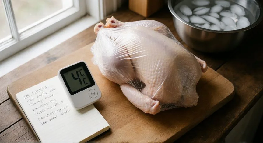 mejor forma de descongelar pollo, Preparación segura de pollo crudo con termómetro de cocina y notas de tiempos de descongelación