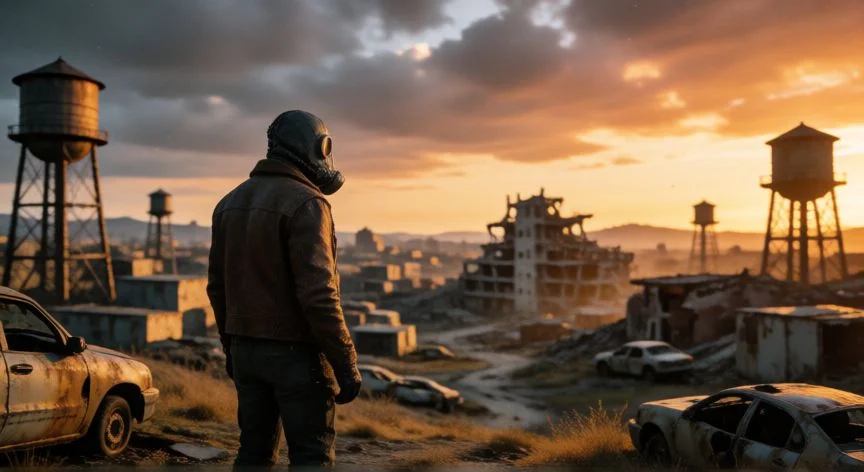 mejor forma de distribuir los puntos en fallout 4, Paisaje postapocalíptico del Commonwealth en Fallout 4 al atardecer