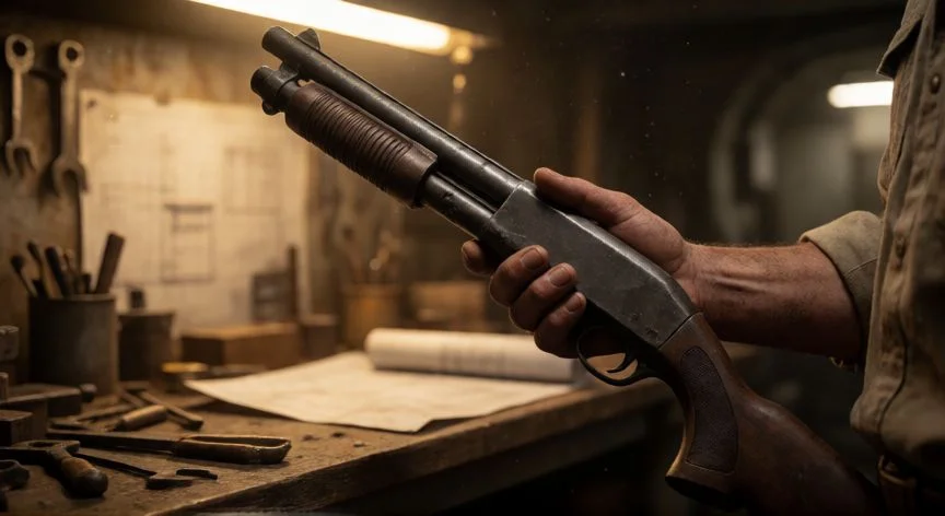 mejor forma de distribuir los puntos en fallout 4, Manos sosteniendo una escopeta en el workshop de Fallout 4