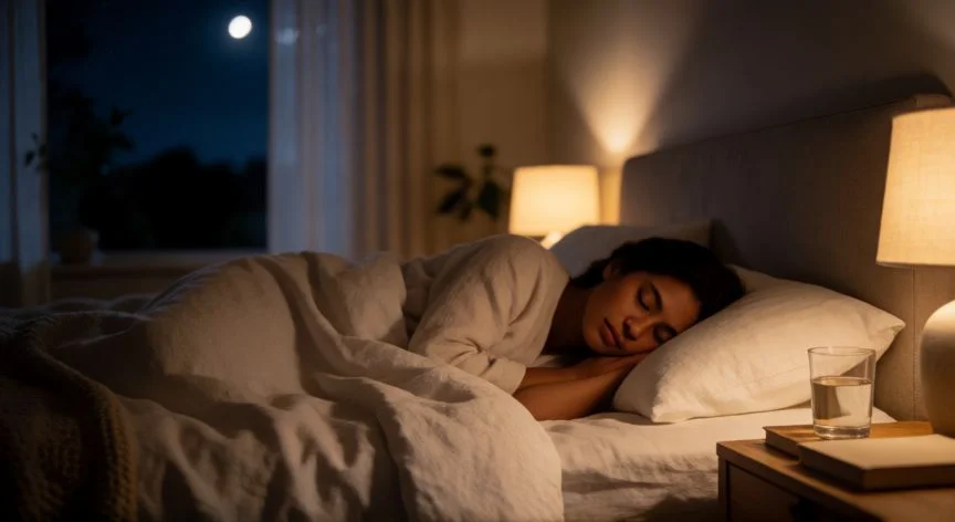 mejor forma de dormir, Habitación oscura y acogedora con una persona durmiendo tranquilamente bajo la luz de la luna