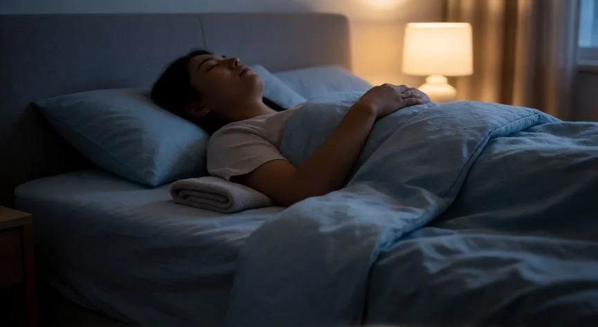 mejor forma de dormir para la espalda, Persona durmiendo boca arriba con almohada bajo las rodillas sobre colchón de media firmeza