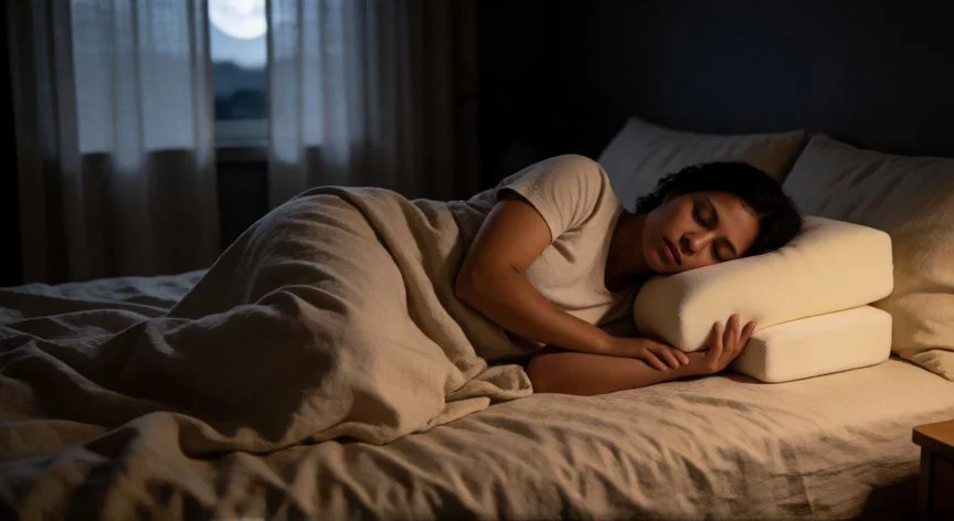 mejor forma de dormir para la espalda, Persona en decúbito lateral con almohada entre rodillas y almohada cervical