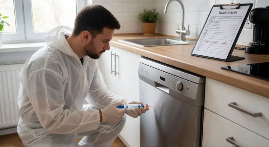 mejor forma de eliminar cucarachas, Técnico de control de plagas aplicando cebo en gel detrás de un armario de cocina