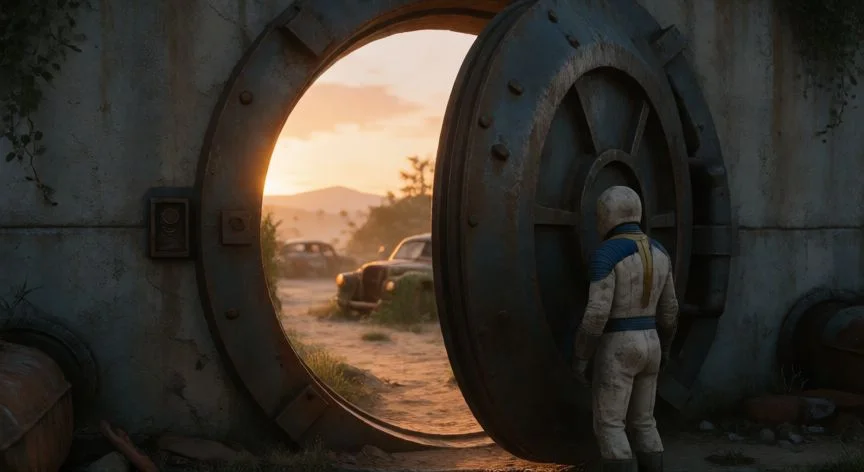mejor forma de empezar fallout 3, Personaje en la puerta de la Vault 101 mirando el exterior desértico al atardecer