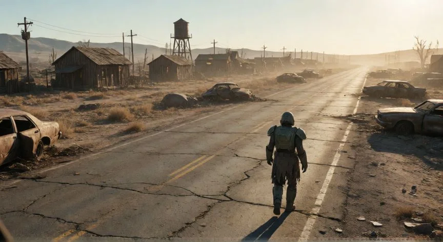mejor forma de empezar fallout 3, Viajero con armadura NCR avanzando por la carretera hacia un asentamiento en el desierto