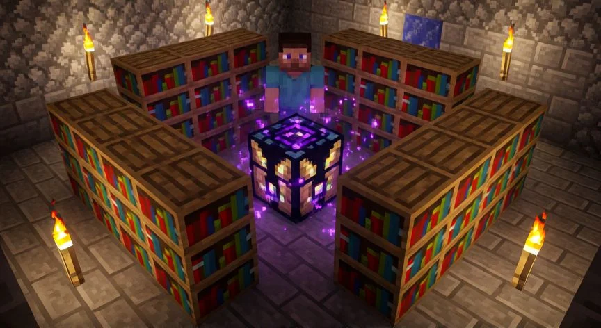 mejor forma de encantar minecraft, Mesa de encantamientos de Minecraft rodeada de 15 estantes de libros en una base subterránea