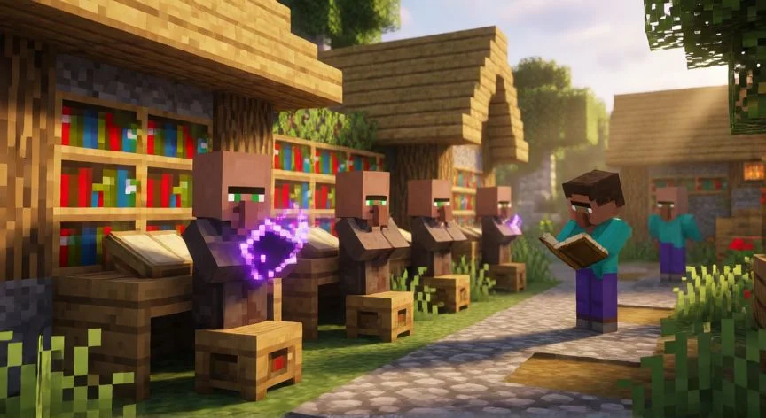 mejor forma de encantar minecraft, Aldea de Minecraft con varios libreros ofreciendo libros encantados a un jugador