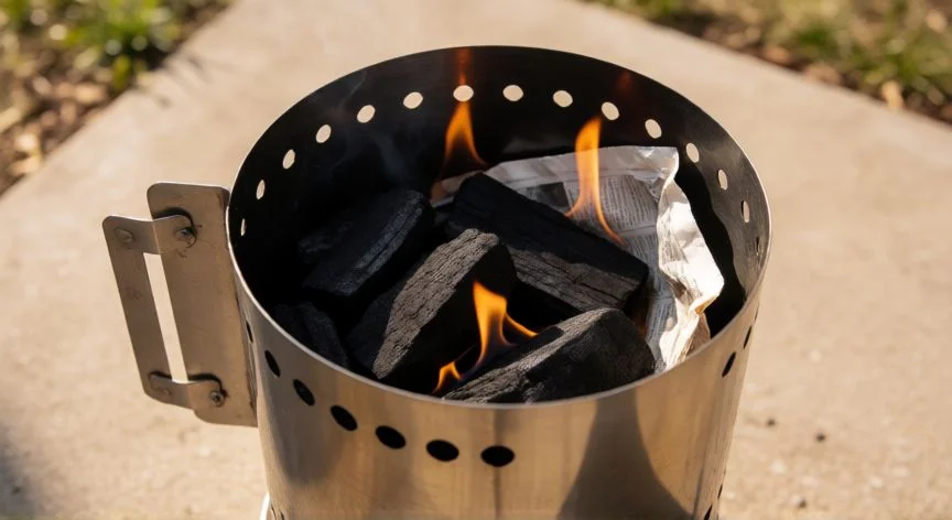 mejor forma de encender carbon, Chimenea de carbón encendiéndose con bricas de antracita y papel en la base