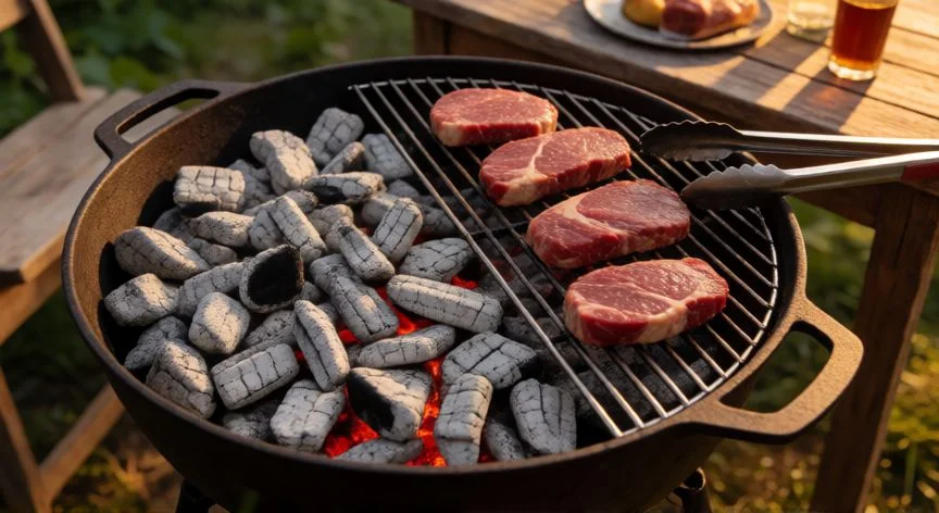 mejor forma de encender carbon, Parrilla con brasa de carbón encendida lista para asar, con pieza de carne colocada