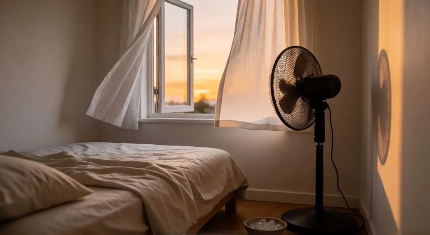 mejor forma de enfriar un cuarto, Habitación con ventana abierta al atardecer y ventilador apuntando hacia fuera para ventilación cruzada nocturna