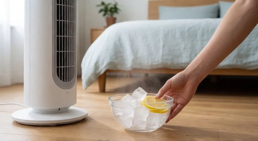 mejor forma de enfriar un cuarto, Cuenco con hielo delante de un ventilador de torre para enfriar el aire por evaporación en una habitación