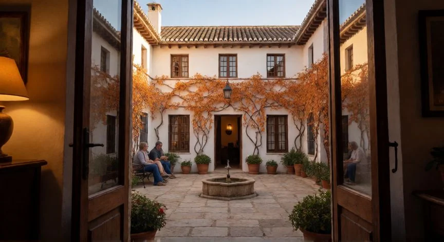 mejor forma de enfriar una casa, Patio interior de vivienda tradicional con fuente y vegetación que genera microclima fresco en verano
