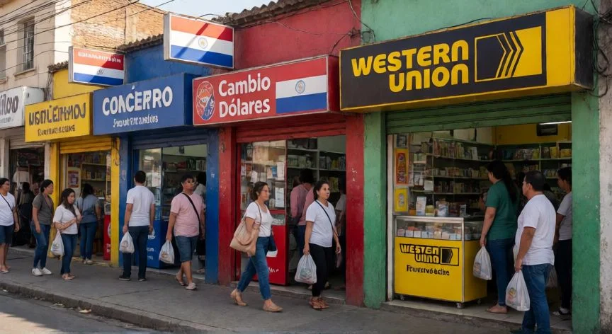mejor forma de enviar dinero a paraguay, Oficinas de cambio de divisas y agencias de remesas en una calle de Asunción, Paraguay