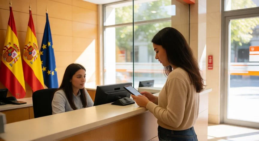 mejor forma de enviar dinero de argentina a españa, Mujer en una oficina bancaria española recibiendo una transferencia internacional desde Argentina