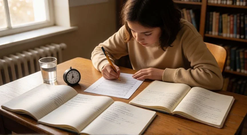 Estudiante resolviendo un examen tipo test con cronómetro en una biblioteca