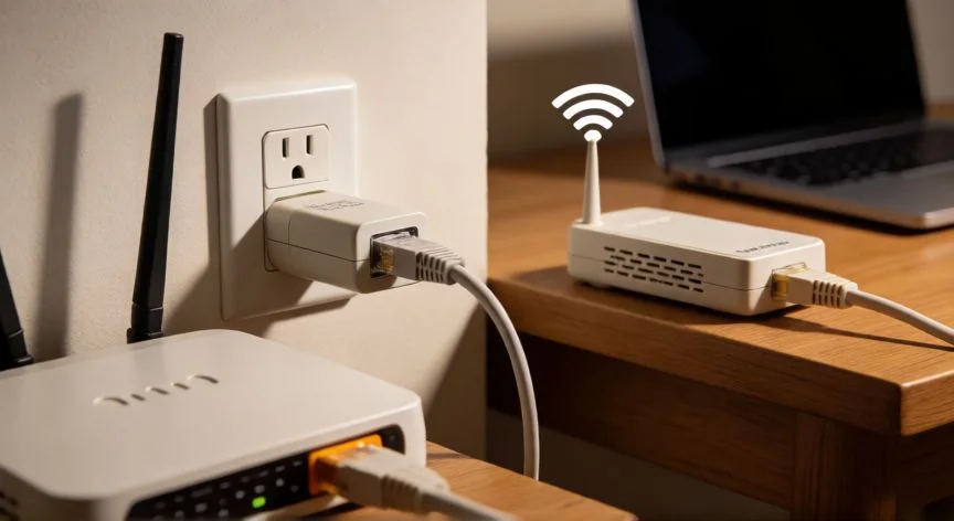 mejor forma de extender wifi, Adaptadores powerline WiFi conectados a enchufes de pared en dos habitaciones distintas