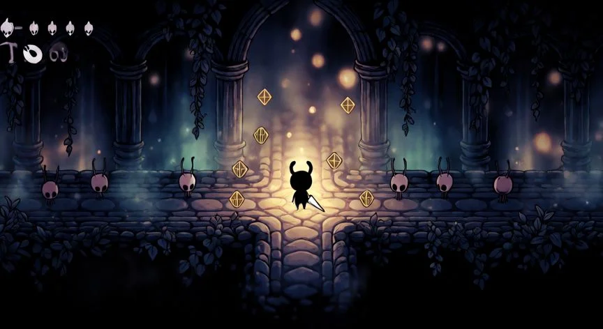 Caballero negro farmeando Geo en los Cruces de Hollow Knight rodeado de enemigos
