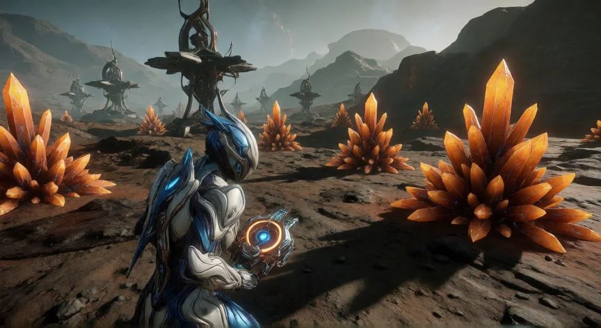 mejor forma de farmear kuva, Jugador escaneando cristales de Kuva en la superficie de un planeta Corpus