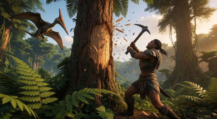 mejor forma de farmear madera ark, Jugador talar un pino con hacha de hierro en ARK Survival Evolved