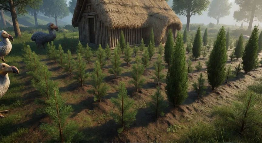 mejor forma de farmear madera ark, Plantación de árboles jovenes organizada cerca de una base en ARK